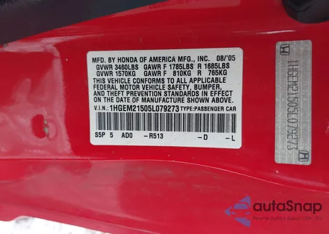 2005 Honda Civic Lx from USA, damaged, VIN 1HGEM21505L079273